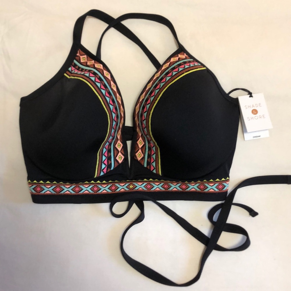 NWT 38D Shade & Shore Embroidered Black Bikini Top